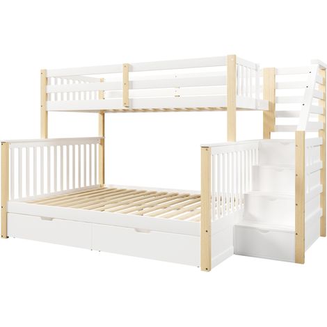 Lit mezzanine enfant 90x200 au dessus 140x200 avec tiroirs pin blanc naturel MODENUIT (1/5)