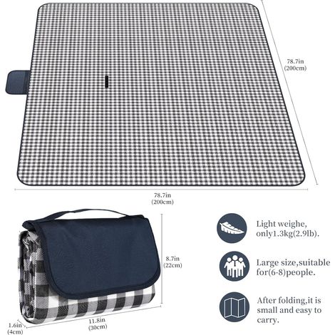 Couverture de pique-nique imperméable 200 x 200 cm - Tapis de plage - Tapis de pique-nique lavable et léger avec poignée - Motif à carreaux bleu marine - Pour randonnée, voyage, extérieur (1/4)