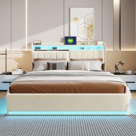 Polsterbett 140x200 cm mit Bettkasten, Bett mit RGB-LED per App, USB-C-Ladestation und Stauraum-Kopfteil, Samt, Beige