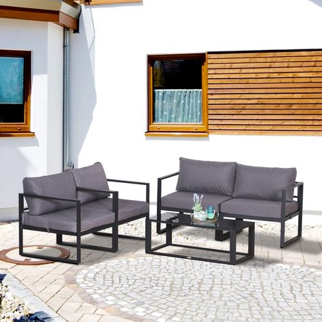 Ensemble meubles de jardin 4 pièces, en polyester, avec coussin, gris, 138 x 69 x 63 cm, pour jardin et terrasse
