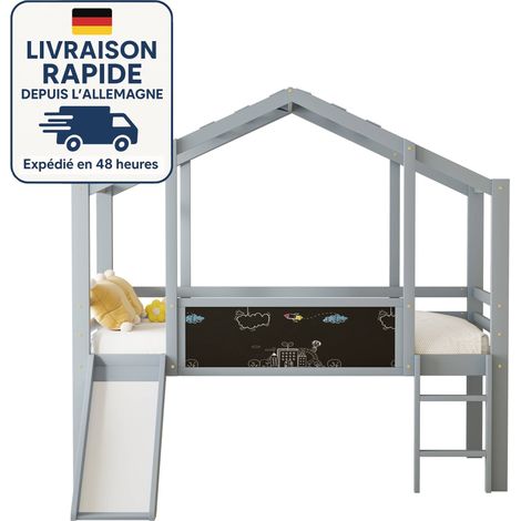 Letto a soppalco per bambini 90x200 - Con scaletta di sicurezza e scivolo - Con pannello graffiti - Vernice senza formaldeide - Legno certificato PEFC - Grigio (1/5)