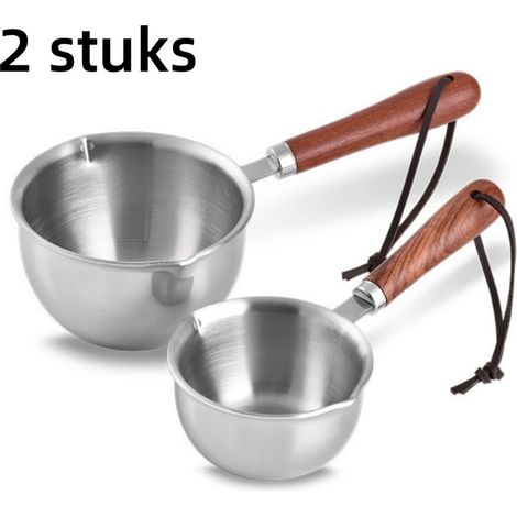 Lot de 2 mini poêles à frire en acier inoxydable 304 avec manche en bois et bec verseur pour huile anti éclaboussures compatibles avec les plaques à induction couleur argentée (1/5)