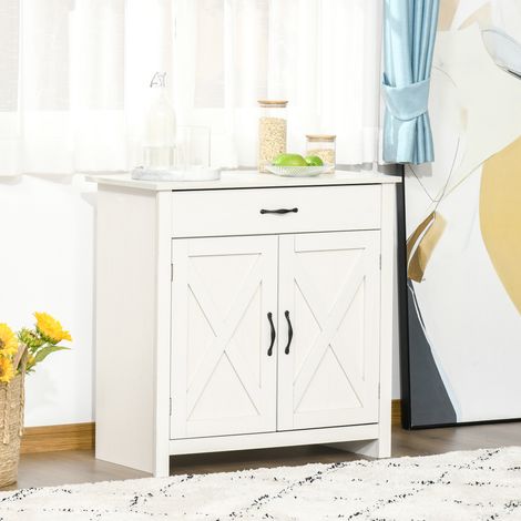 Buffet salon, meuble de rangement avec tiroir, 2 portes de grange et étagère réglable, 80 x 39,7 x 80 cm, blanc
