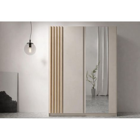 AX LIVING Kleiderschrank Beige mit Spiegel 150 cm Beralto mit Lamellen