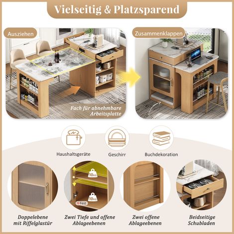 Îlot de cuisine sur roulettes, table extensible avec plateau amovible, bar avec prises électriques, idéal comme buffet, console ou comptoir pour cuisine et salle à manger (Naturel) (1/5)