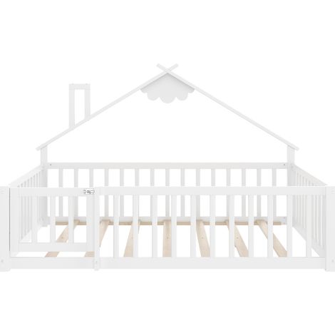 Lit cabane enfant 140 x 190 cm en pin et MDF blanc avec barrière et loquet (1/5)