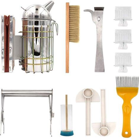 11 Pièces Kit d'Outils d'Apiculteur Ensemble d'Outils De Ruche Attrape-Reine J Hook Hive Brosse Kit de Démarrage pour l'Apiculture