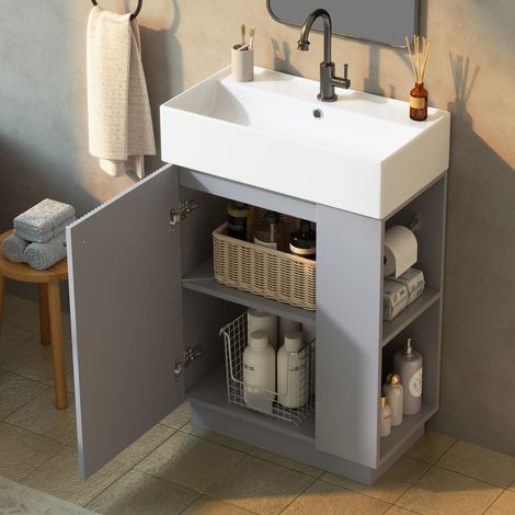 Meuble vasque sur pied de 55 cm avec finition bois rainuré, vasque en céramique de haute qualité, porte-papier toilette amovible et espace de rangement bien conçu – sans robinetterie, gris (1/4)