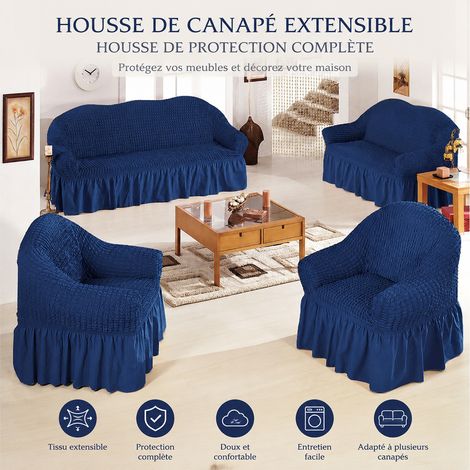 Housse de canapé 2 places extensible en tissu gaufré avec jupe Bleu Grèce 145-185cm réf 9341 36 × 25 × 19 cm 1 kg – Livraison gratuite
