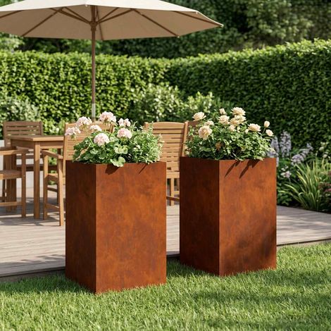 Lot de 2 Cache-pots de Jardin Carrés en Acier Patiné Aspect Rouillé 30 x 30 x 40 cm - PANGIVO (1/5)