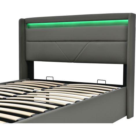 Hydraulisch Stauraumbett mit LED-Beleuchtungsleiste, Doppelbett Bettgestell Polsterbett, Funktionsbett, Grau (Mit Fernbedienung)