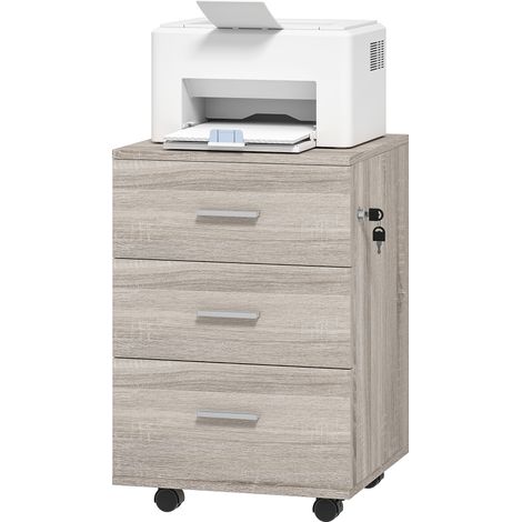 Vinsetto cajonera de escritorio con 3 cajones, cajonera de oficina con ruedas, cerradura, 2 llaves, archivador móvil, 40x40x61,5 cm, gris