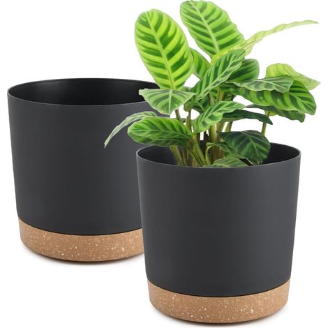 Lot de 2 pots de fleurs ronds en plastique avec soucoupe et trous de drainage, pour plantes d'intérieur et d'extérieur, 20 cm de diamètre, noir (1/5)