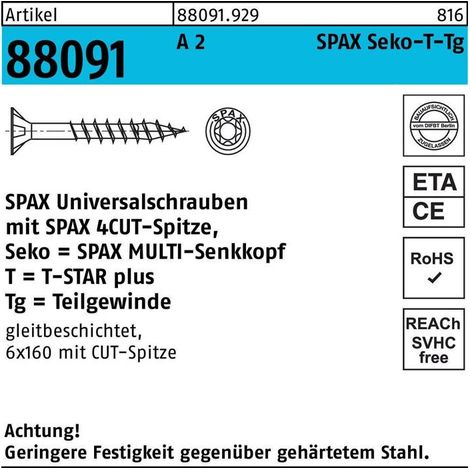 Spax Vis acier inoxydable, 6 x 90 mm, 100 unités, Filetage partiel, Tête fraisée, T-STAR plus T30, 4CUT, Acier inoxydable inoxydable A2 - 0197000600903