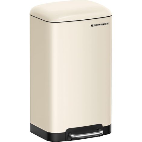 Songmics – Poubelle à pédale 30L en acier – Couvercle hermétique – Seau intérieur amovible – Design compact pour cuisine – Blanc cassé