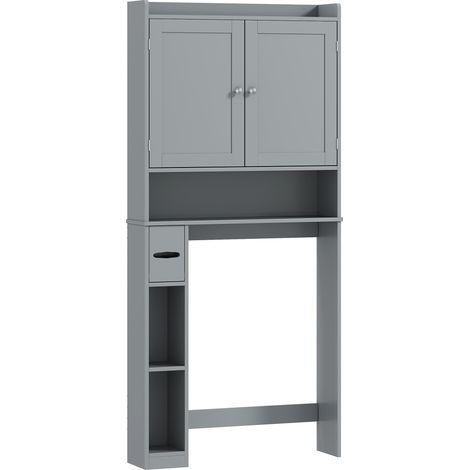 Meuble WC dessus de toilette ou machine à laver, 2 portes, 3 compartiments, porte-rouleau, 80x19,5x170cm, gris (1/5)