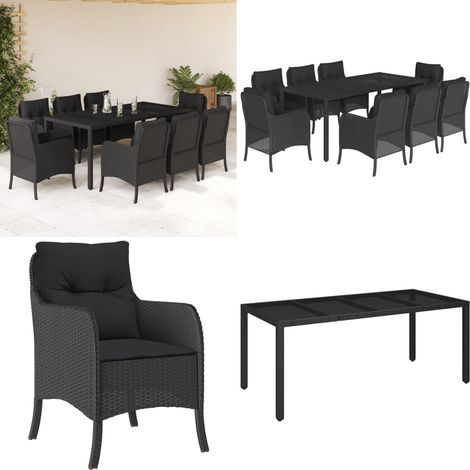9-tlg. Garten-Essgruppe mit Kissen Schwarz Poly Rattan - Gartentisch - Gartenmöbelset - Esstisch - Outdoor Möbel - Gartenlounge - Home & Living (1/5)