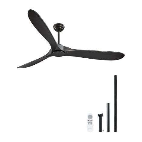 VEVOR Ventilador Moderno de Techo Sin Luz 180 cm con Mando a Distancia 6 Velocidades, 3 Aspas de Madera, Motor DC Reversible, para Dormitorio, Salón, Interior, Exterior, Negro,  Φ 1800 x 662,8 mm (1/5)