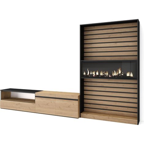 Skraut Home – Ensemble meuble TV moderne avec cheminée électrique – Dimensions 310x35x186cm – Pour TV jusqu'à 80" – Chêne et noir (1/5)