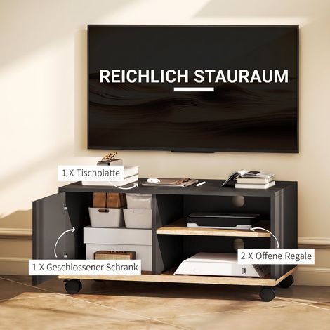 TV-Ständer auf Rollen mit Bremsen, TV-Ständer mit verstellbarem Einlegeboden, Farben: Schwarz und Eiche. (1/5)