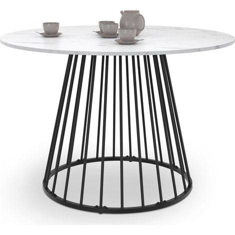 Idmarket – Table à manger ronde 110 cm – 6 personnes – Pied filaire métal noir – Plateau effet marbre blanc – Design contemporain