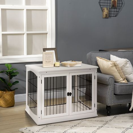 Caisse de transport pour chien 58,5 cm x 81 cm x 66 cm, portes, bois MDF, fer, 58,5 cm x 81 cm x 66 cm, blanche