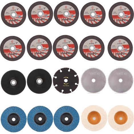 Lot de 15 disques à tronçonner 76 mm, 3 disques à lamelles de 76 mm, disques à tronçonner 76 x 10 mm, 2 disques de polissage en feutre de 75 x 10 mm, pour mini meuleuse d'angle, coupe, polissage (1/5)