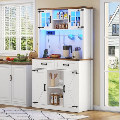 Credenza da cucina 100 x 40 x 172 cm con LED, prese, 2 cassetti, bianco DESVIAE (1/5)