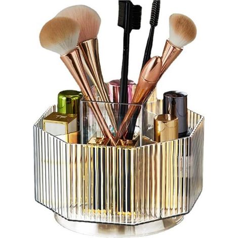 360° drehbarer Make-up-Organizer, drehbarer Make-up-Pinselhalter mit 5-Fächern für Kosmetikartikel, Hautpflege-Tragetasche