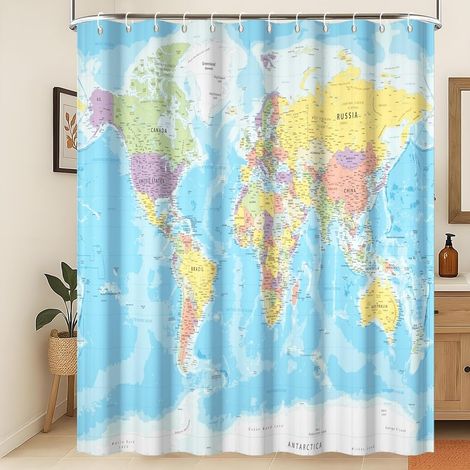 Rideau de Douche Carte du Monde Rideau de Douche Continents de l'océan Bleu Rideau de Douche Carte du Monde Rideau de Douche géographie Tissu imperméable et Lavable en Machine 150x200cm (1/4)