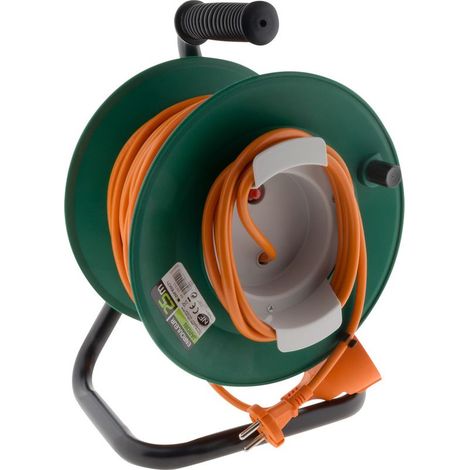 Enrouleur électrique 25m H05VV-F 2x1,5mm² – Puissance 3200W – Coupe circuit thermique 6/16A – Pied métal stable (1/5)