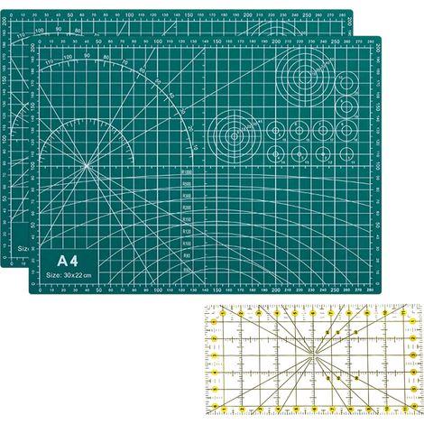 Lot de 2 tapis de découpe, PVC auto-cicatrisant, règle transparente, quadrillé A4, loisirs créatifs (1/5)