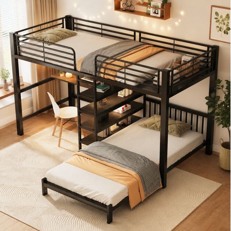 Litera infantil 90 x 200 cm con escritorio, almacenaje y enchufes, negra OKMYHOME (1/5)