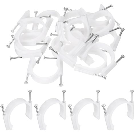 50pcs Attaches Câbles Avec Clou 40mm Circulaire Double Demi-Attache J-Crochet Avec Clou Supports Câbles Pour Fils Sur Mur Pour Ethernet Tacks Coax Pex Tuyau Support, Blanc (1/5)