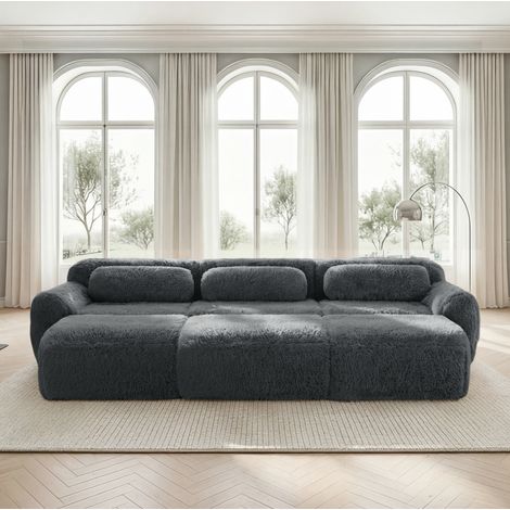 Sofá modular nube de 3 plazas con 3 otomanas, tejido peluche gris, sin montaje, OKWISH (1/5)