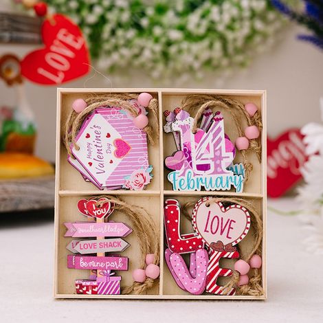 Ornement En Bois - Décoration Suspendue Pour La Saint-Valentin - Boîte De Rangement À 4 Compartiments - Forme De Cœur - Avec Corde En Chanvre Et Perle Rose - Lot De 4 (1/5)