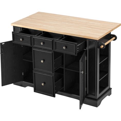 Îlot de cuisine extensible avec étagères ajustables et tiroirs multifonctions, prise intégrée, MDF noir (1/5)
