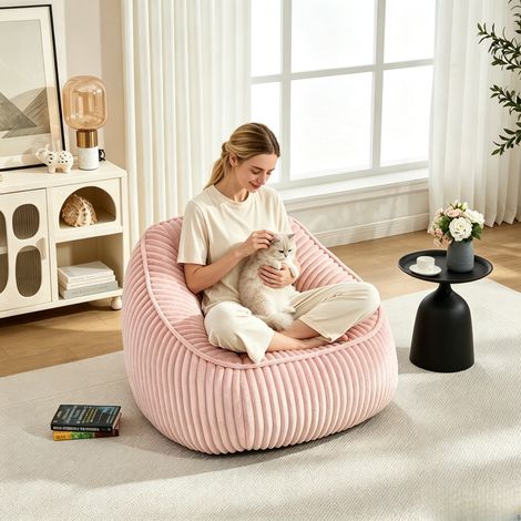 Fauteuil poire à mémoire de forme – Tissu peluche à bulles rayé – Doux et confortable – Léger et déplaçable – Pour salon, chambre, dortoir – 98×92×73 cm – Rose (1/5)
