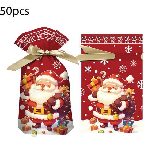 Sac Cadeau Noël - Sac À Cordon En PEVA - Pour Bonbons Et Chocolats - Rouge Vert Bleu - 50 Pièces (1/5)
