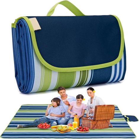 Tapis de pique-nique imperméable - convient pour l'extérieur, la plage, l'intérieur, etc. - 1 pièce, rayures bleu foncé / 145 x 200 cm (1/5)