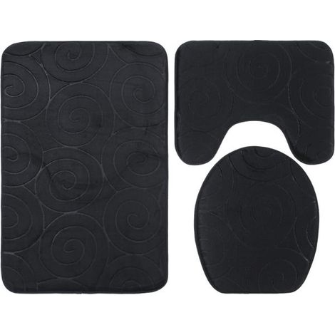 Lot de 3 tapis de bain en pierre texturée, housse de couvercle de WC, descente de bain antidérapante et absorbante, noir, format salle d'eau (1/4)