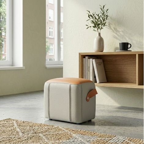 Puf moderno de piel sintética PU con asa, acolchado, gris y naranja (1/5)