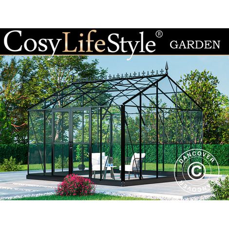 Orangerie, gewächshaus aus Glas 13,8m², 3,73x3,71x3,16m mit Sockel und Dach, Schwarz - Dancover