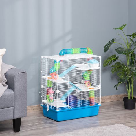 Cage pour hamster avec tunnel, plateformes, gamelle, biberon, maisonnette, rampes et roue d'exercice 59 x 36 x 69 cm Bleu