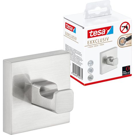 Tesa Exxclusiv, Doppio Appendino Autoadesivo, Look Acciaio Inox, Design Sofisticato, Inox Assicurato, 50mm x 60mm x 44mm (1/5)