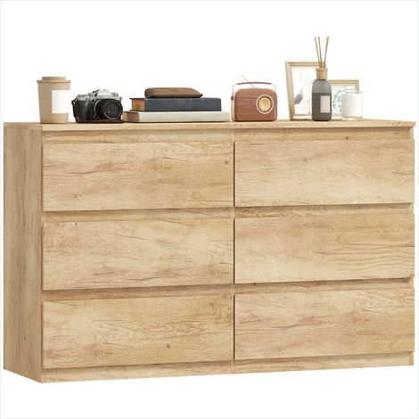 Table de chevet Commode 6 tiroirs chêne design sans poignées (1/5)