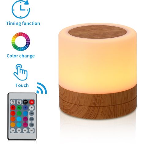 Lampe de chevet en bois LED colorée effet bois, veilleuse tactile avec télécommande (1/3)