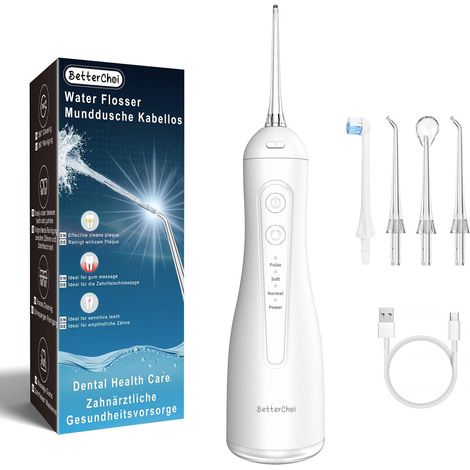 Hydropulseur dentaire portable sans fil - Irrigateur buccal - 4 modes de nettoyage, 1800 impulsions, étanchéité IPX7, chargement USB Type-C pour la maison, les voyages, blanc (1/5)