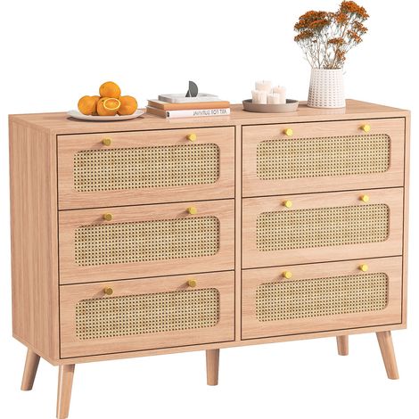 Commode 6 tiroirs MEXUS 100x34x73 cm décor bois et cannage - Naturel (1/5)