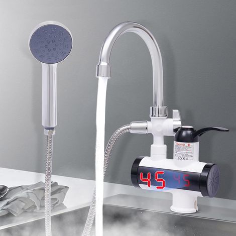 Elektrische Wasserhahn, mit Duschbrause und Durchlauferhitzer 3300W LED Temperaturanzeige Warmwasserbereiter 220V für Küche Garten Bad Wohwagen Camping (1/5)